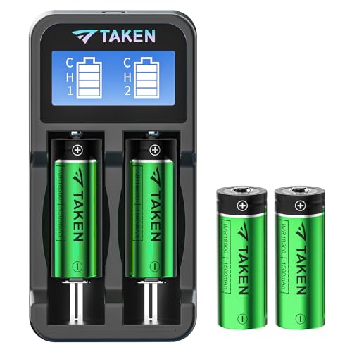 Taken 18500 Rechargeable Li-ion Battery with Charger, IMR 18500 3.7V 1500mAh Rechargeable Battery with Button Top, 4 Pack 18500 Rechargeable Batteries with 2-Ports Charger