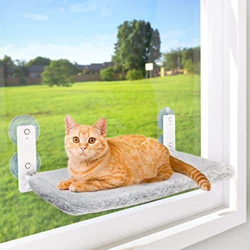 AMOSIJOY Cordless Cat Window Perch, Cat Hammock with 4 Suction Cups, Solid Metal Frame and Reversible Cover, Foldable Cat Beds for Indoor Cats