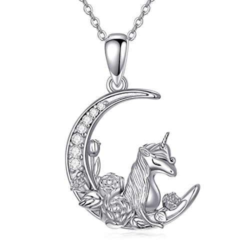 PROESS Sterling Silver Animal Necklace Leopard/Elephant/Lion/Otter/Koala Necklace for Women Girls Friends Animal Pendant Jewelry Gift (Unicorn Necklace-Half Moon)