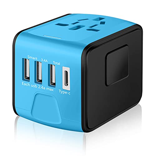 SAUNORCH Travel Adapter Worldwide, Universal International Power Plug Adapter W/2.4A 3xUSB-A and 3.0A Type-C Wall Charger, European Travel Plug Adapter for Europe UK EU US CA AU Italy Asia-Blue