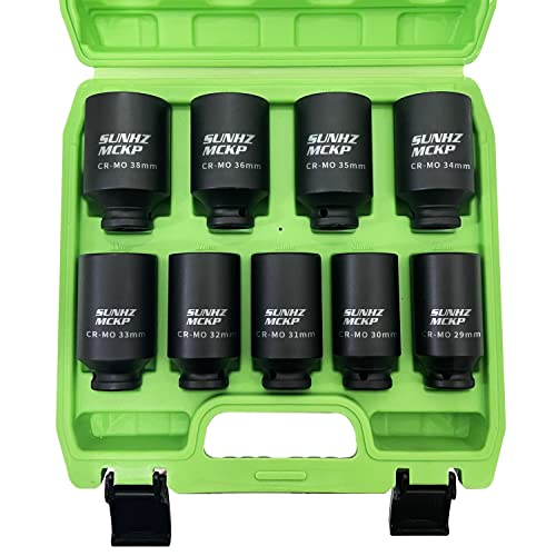 SUNKPMCKP 1/2' Drive Deep 6-Point Impact Socket Set, 9-Piece METRIC Spindle Axle Nut Impact Socket Set, Cr-Mo, 29mm - 38mm