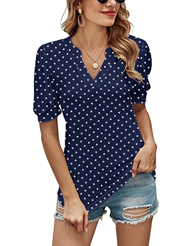 Romanstii Plain V-Neck T-Shirts for Women Fashion Soft Striped Fitted Tees,Navy Polka Dot,M