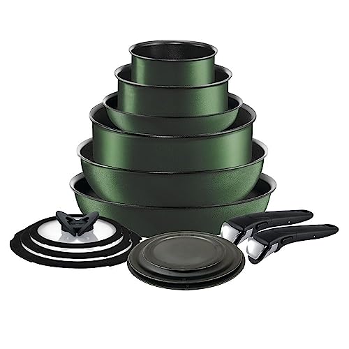 T-fal Ingenio Nonstick Cookware Set 14 Piece, Induction, Oven Broiler Safe 500F, Cookware, Pots and Pans, RV, Camping, Oven, Broil, Dishwasher Safe, Detachable Handle, Forest Green