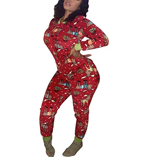 Seyurigaoka Women's One Piece Onesie Christmas Pajamas, Sexy V Neck Printed Holiday PJs Romper Jumpsuit Sleepwear(D-Christmas Reindeer, L)