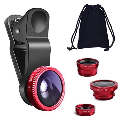 KINGMAS 3 in 1 Universal Fish Eye & Macro Clip Camera Lens Kit for iPad iPhone 7 6 5 Samsung BlackBerry HTC and Most Smartphones (Red)