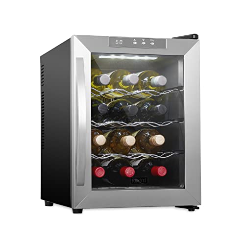 Schmécké 12 Bottle Thermoelectric Wine Cooler/Chiller - Stainless Steel - Counter Top Red & White Wine Cellar w/Digital Temperature, Freestanding Refrigerator Smoked Glass Door Quiet Operation Fridge