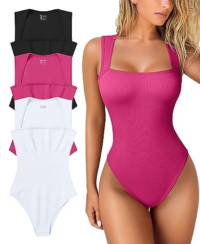 OQQ Women's 3 Piece Bodysuits Sexy Ribbed Strappy Square Neck Sleeveless Tummy Control Tank Tops Bodysuits Black Rose3 White