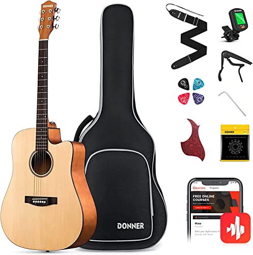 Donner Acoustic Guitar Kit for Beginners Adult Teen - Starter Kit, Full Size 41'' Cutaway Acustica Guitarra Bundle with Free Online Lesson,Gig Bag, Strap, Tuner, Capo, String, Natural, DAD-140C