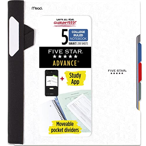 Five Star Spiral Notebook + Study App, 5 Subject, College Ruled Paper, Advance Notebook with Spiral Guard, Movable Tabbed Dividers and Expanding Pockets, 8-1/2' x 11', 200 Sheets, White (73154)
