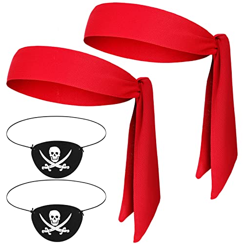 Zhanmai 4 Pcs Pirate Accessories Pirate Party Supplies 2 Pcs Pirate Head Bandana Sports Head Ties 2 Pcs Pirate Eye Patches (Red)