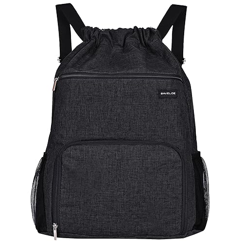 BAVELOE Drawstring Backpack with Wet Pocket & Shoe Compartment, Water-Resistant Sports Gym Beach Swim String Bag for Women Men(Black)
