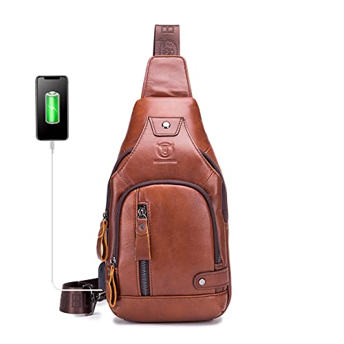 LUKZIJAES Genuine Leather Sling Bag for Men Crossbody Shoulder Chest Pack Hiking Casual Daypack Outdoor Travel Backpack (#1-Brown)