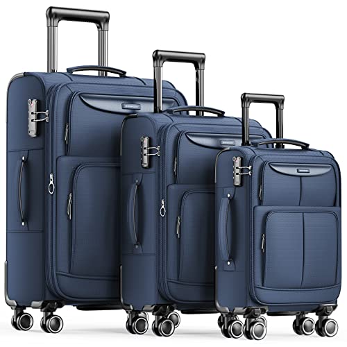 SHOWKOO Luggage Sets 3 Piece Softside Expandable Lightweight Durable Suitcase Sets Double Spinner Wheels TSA Lock Blue (20in/24in/28in)