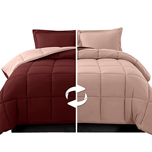 Elegant Comfort 3-Piece Reversible Comforter Set, All Season Cozy, Soft Down Alternative, Quilted - Box Stitched - Duvet Insert with 4 Corner Tabs, Comforter with Shams, Cali King, Burgundy/Dusty Rose