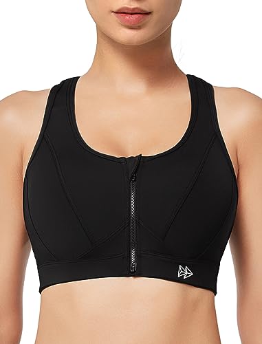 Yvette Zip Front Sports Bra - High Impact Sports Bras for Women Plus Size Workout Fitness Running,Black,XL Plus