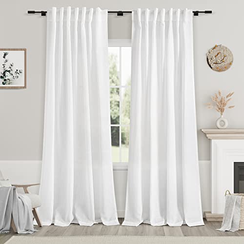 White Linen Curtains 84 inches Long for Bedroom Back Tab Light Filtering Privacy Sheer White Curtains Modern Farmhouse Coastal Decor White Cotton Textured Gauze Curtain for Living Room 2 Panels