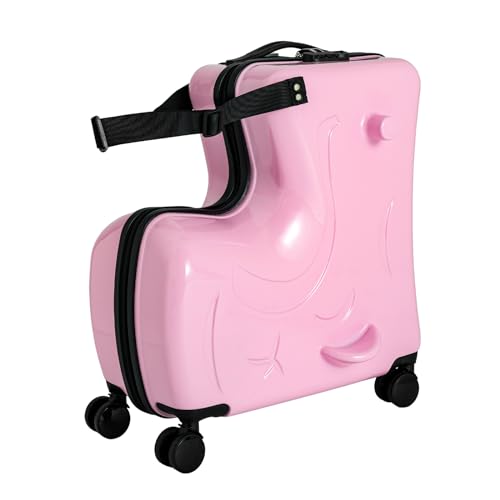 DNYSYSJ 20 Inch Children's Ride On Trolley , Portable Universal Wheel Carry On Luggage, Waterproof Unisex Boys Girls Travel Suitcase With Lock, ABS+PC (Pink)