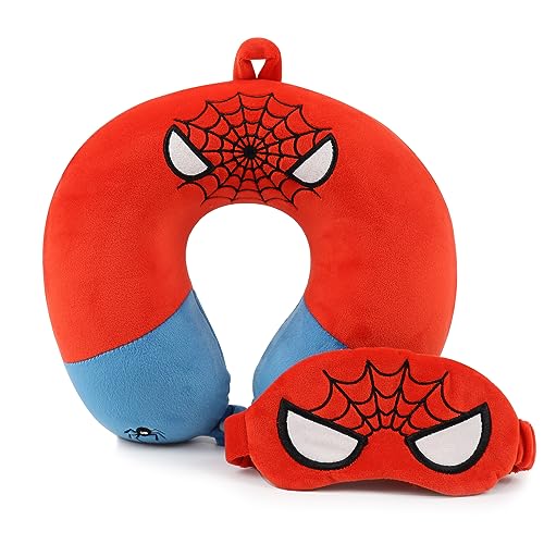 Superhero Travel Pillow for Kids & Adults with Sleep Eye Mask, Memory Foam U-Shaped Neck Pillow with Washable Cover, Soft Head Support Travel Accessories for Airplane Car Train Bus Recline, Red