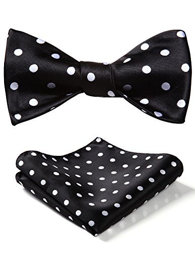 HISDERN Bowties Men Polka Dot Self Tie Bow Ties and Pocket Square Set Black Classic Formal Business Tuxedo Bowtie Handkerchief for Wedding Party
