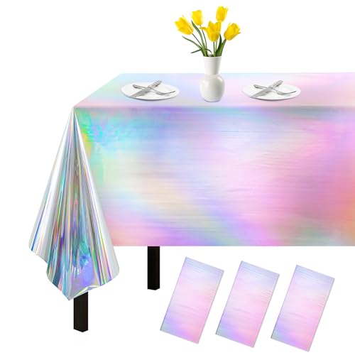 3 Pack Iridescent Tablecloth, 54' x 108' Birthday Party Table Cloths Iridescence Plastic Disposable Table Covers Iridescent Disco Party Decorations, Mermaid Birthday Decor Tablecloth for Buffet Table
