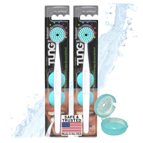 Tung Tongue Brush with Caps | Tongue Cleaner for Adults | Tongue Scraper | Tongue Scrubber | Bad Breath and Halitosis | Mouth Odor Eliminator | Made in America (2 Pack w/Cap)