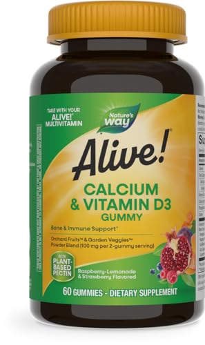 Nature's Way Alive! Daily Calcium & Vitamin D3 Gummies, Bone Support*, Immune Support*, Strawberry and Raspberry- Lemonade Flavored, 60 Gummies (Packaging May Vary)