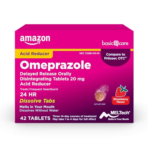 Amazon Basic Care Omeprazole Delayed Release Orally Disintegrating Tablets, Strawberry Flavor, 42 Count