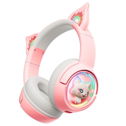 PHNIXGAM Cute Cat Bluetooth Headphones, Wireless & Wired Mode Headset with Mic, RGB LED Light, for Girls Women School Gaming, Compatible with Mobile Phones Tablet