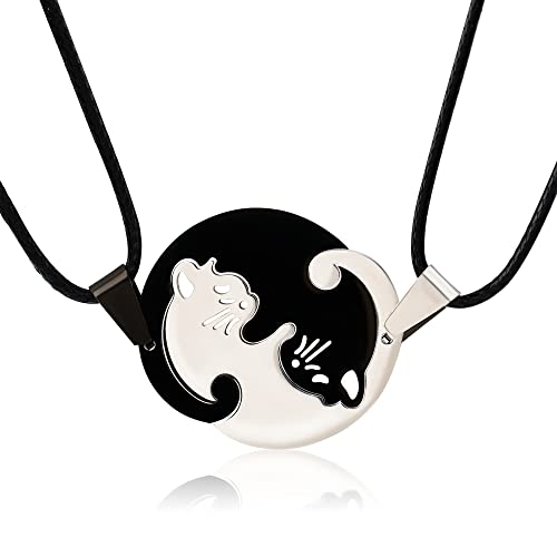 MISS RIGHT Cat Yin Yang Necklaces for Women Men, Stainless Steel Couples Puzzle BFF Necklace for 2, Cat Lovers Gifts (Round Cat | Black&White)