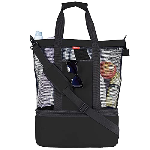Odyseaco Waterproof Beach Bag with Cooler Compartment - Beach Bags Waterproof Sandproof for Women Vacation Essentials - Pool Bag & Mesh Beach Tote Bag (Black)
