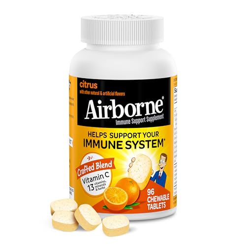 Airborne 1000mg Chewable Tablets with Zinc, Immune Support Supplement with Powerful Antioxidants Vitamins A C & E - 96 Tablets, Citrus Flavor