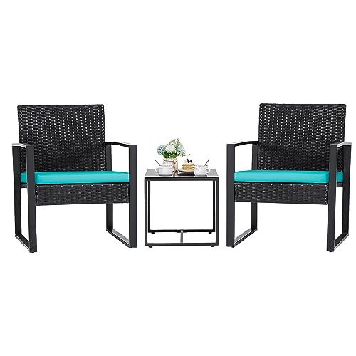 Flamaker 3 Pieces Patio Set Outdoor Wicker Furniture, Modern Bistro Set Rattan Chair Conversation Sets with Coffee Table for Yard (Blue)
