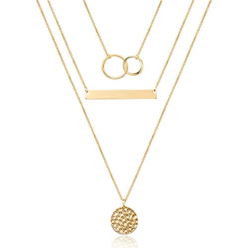 Turandoss Dainty Interlocking Circles Necklace Bar Hammered Disc 14K Gold Simple Necklace Women Jewelry Layered, Gold Choker Necklaces for Women