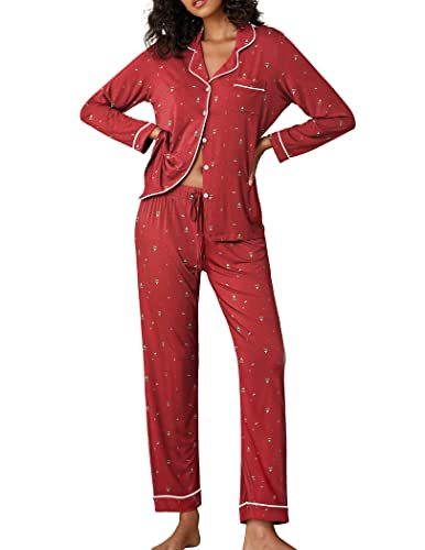 Ekouaer Sleepwear Women's Red Pajamas Lightweight Two Piece Sleep Set Christmas Pijamas Holiday Family Party,Christmas Tree,Medium