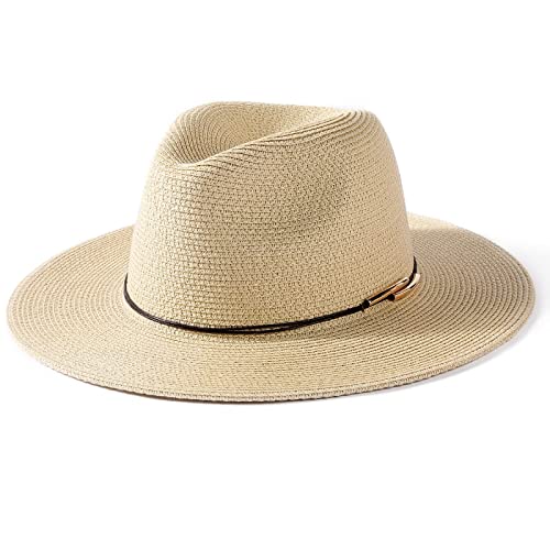 FURTALK Panama Hat Sun Hats for Women Men Wide Brim Fedora Straw Beach Hat UV UPF 50 Brown