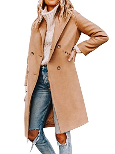 Yousify Womens Notched Lapel Collar Double Breasted Pea Coat Winter Wool Blend Over Coats Long Jackets Camel M