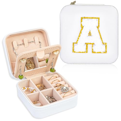 FUNARTY Travel Jewelry Box, Jewelry Organizer for Necklace, Earring Organizer Box with Mirror, White Travel Essentials (Initial A)