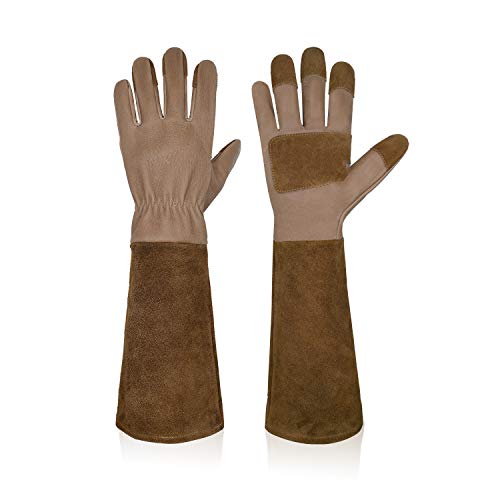 HANDLANDY Long Gardening Gloves for Men & Women, Cowhide Leather Rose Pruning Gloves- Breathable & Durable Gauntlet Gloves (Large, Brown)