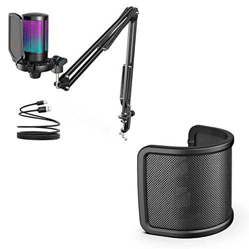 FIFINE Gaming PC Microphone with Boom Arm for Computer Bundle, RGB Mic with Mute Button for Streaming Online Chat Gamer Youtuber Set-AmpliGame (A6T+U1)