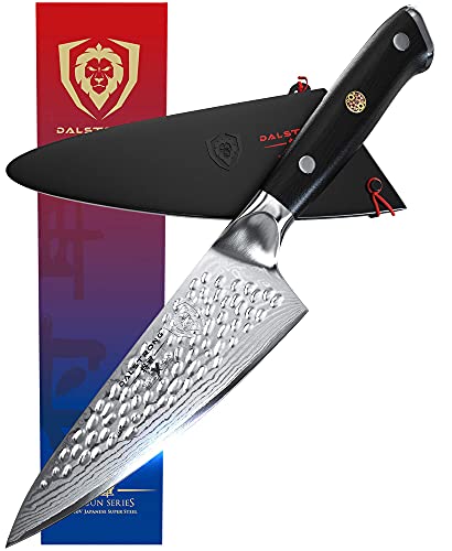 Dalstrong Chef Knife - 6 inch Blade - Shogun Series ELITE - Damascus - Japanese AUS-10V Super Steel - G10 Black Handle - Razor Sharp Kitchen Knife - Hammered Finish Chef's Knife - Sheath