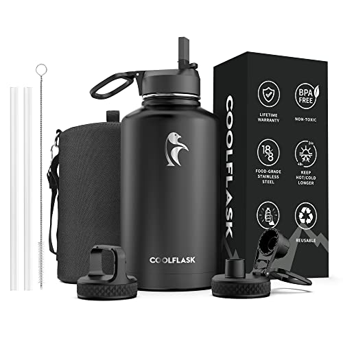 64 oz Water Bottle Insulated with Straw & 3 Lids, Coolflask Large Metal Stainless Steel Water Jug Big Half Gallon Wide Mouth for Sports, Gym or Office, BPA-Free Keep Cold 48H Hot 24H, Magic Black