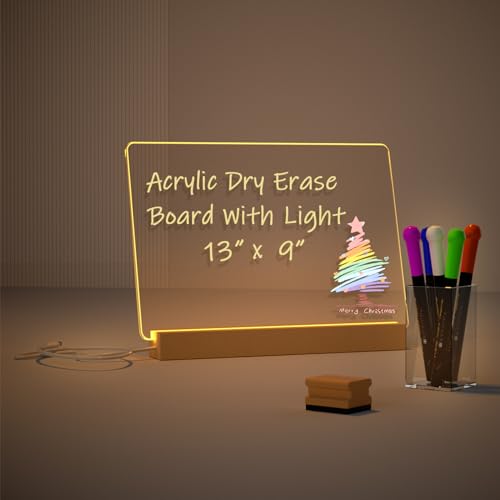 Acrylic Dry Erase Board with Light Up Stand for Desk 13 x 9 inch Clear Desktop Note Memo White Board Notepad Table LED Letter Massage Boards for Personal Creative Use Includes Dry Erase Markers