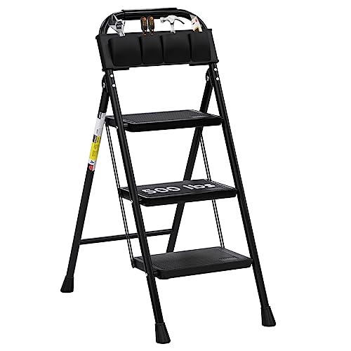 3 Step Ladder EFFIELER Folding Step Stool with Wide Anti-Slip Pedal, 500 lbs Sturdy Steel Ladder, Convenient Handgrip, Lightweight, Portable Steel Step Stool for Household, Kitchen