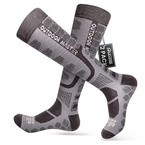 OutdoorMaster Merino Wool Ski Socks, 2-Pack Over The Calf Non-Slip Cuff Winter Compression Thermal Socks for Men & Women