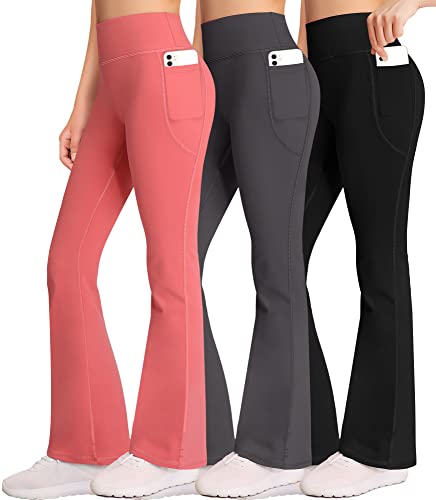Aenlley Girl Yoga Flare Wide Leg Tummy Control Stretchy Pants for Causal with Pockets 3 Pack