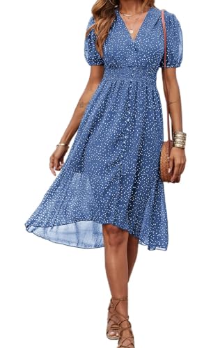 PRETTYGARDEN Women's Wrap V-Neck Floral Midi Dress Short Sleeve Chiffon Sundress Summer Beach Long Dress High Low Hem Polka Dot Smocked Dresses (Dark Blue, X_Large)