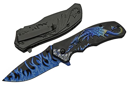 SZCO Supplies 8” Blue Dragon Decaled Liner Lock Folding Knife with Pocket Clip