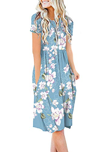 DB MOON Women Summer Casual Short Sleeve Dresses Empire Waist Dress with Pockets (Flower Light Blue, M)