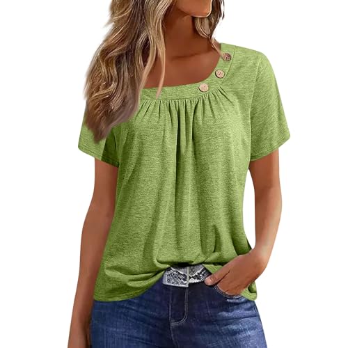 Summer Tops for Women 2024,Blouses & Button-Down Shirts Ladies Tops and Blouses Short Sleeve Summer Tee Shirts for Women Plus Size Asymmetric Neckline Tee Button Solid Color Blouse Light Green