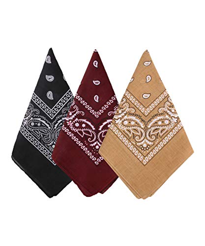 Bycc Bynn 3 Pack Pure Cotton Paisley Pattern Bandanas Square Scarf Headwear (Black + Burgundy + Dark Yellow)